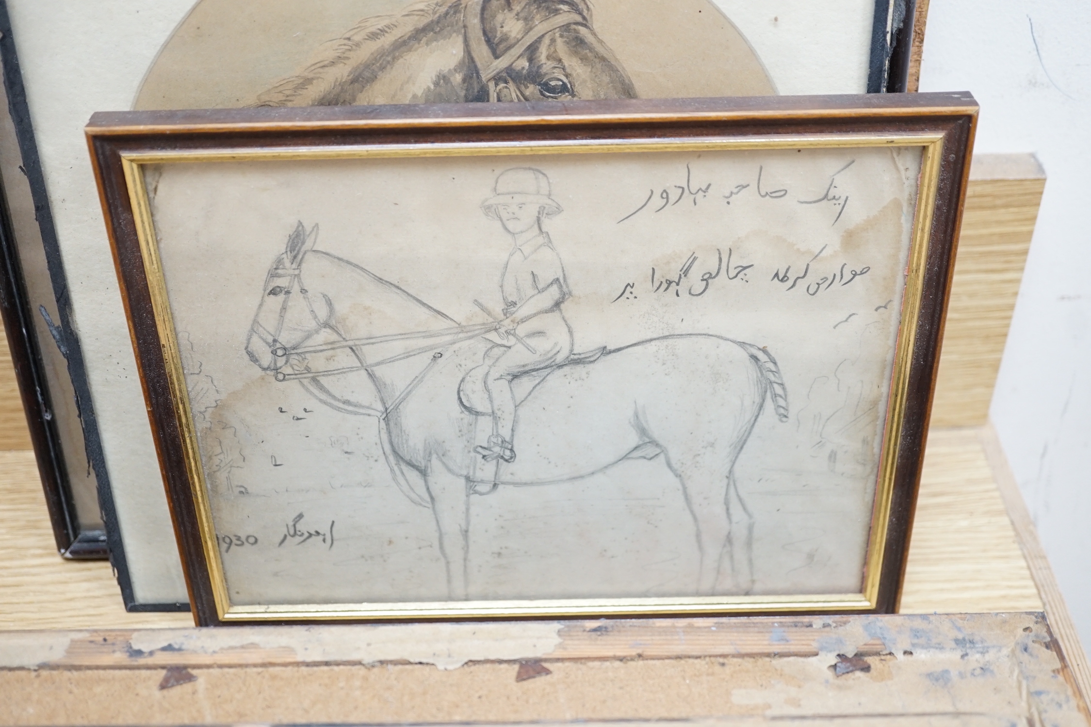 D M & E M Alderson, pair of watercolours, Portraits of racehorses c.1943/48 raced at Calcutta, together with a group of related photographs and ephemera, signed and dated, 38 x 52cm